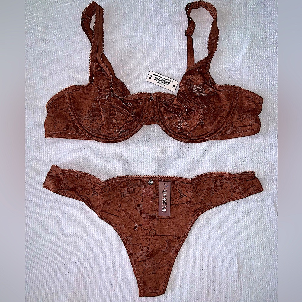 NWT | AdoreMe | Brown Lace Bra and Thong/Pantie Set | 36D/M